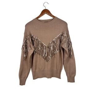 Fate Women's Size Small Tan Sequin Fringe Crewneck Long Sleeve Sweater